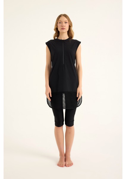 Siyah Yarı Kapalı Mayo Fermuar Detayı, Belden Stoper, UPF50+ Koruma H2507-1 indirimleri