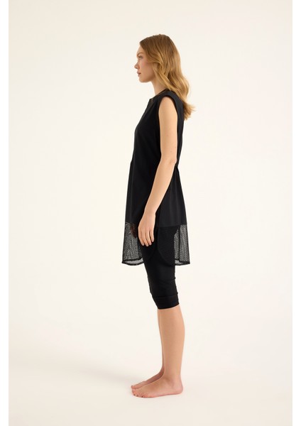 Siyah Yarı Kapalı Mayo Fermuar Detayı, Belden Stoper, UPF50+ Koruma H2507-1