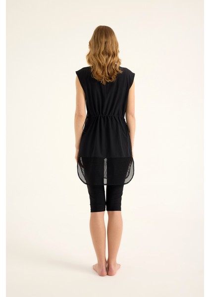 Siyah Yarı Kapalı Mayo Fermuar Detayı, Belden Stoper, UPF50+ Koruma H2507-1