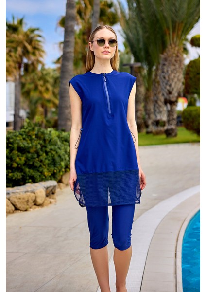 Lacivert Yarı Kapalı Mayo Fermuar Detayı, Belden Stoper, UPF50+ Koruma H2507-2 fırsatları