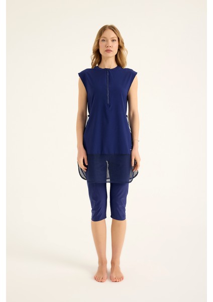 Lacivert Yarı Kapalı Mayo Fermuar Detayı, Belden Stoper, UPF50+ Koruma H2507-2 indirimleri