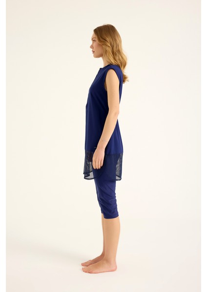 Lacivert Yarı Kapalı Mayo Fermuar Detayı, Belden Stoper, UPF50+ Koruma H2507-2