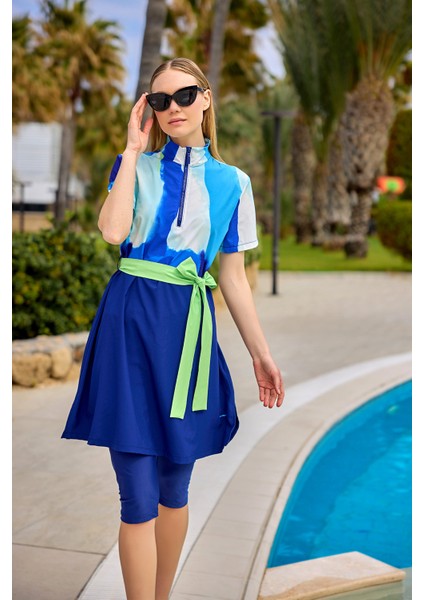 Lacivert Yarı Kapalı Mayo Yan Yırtmaç, Su Itici Kumaş, UPF50+ Koruma H2510