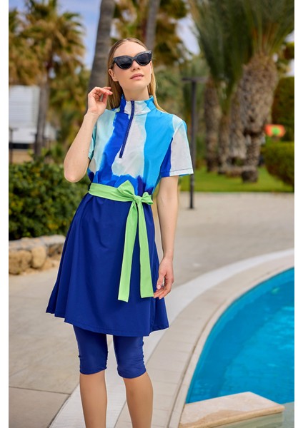 Lacivert Yarı Kapalı Mayo Yan Yırtmaç, Su Itici Kumaş, UPF50+ Koruma H2510 fırsatları