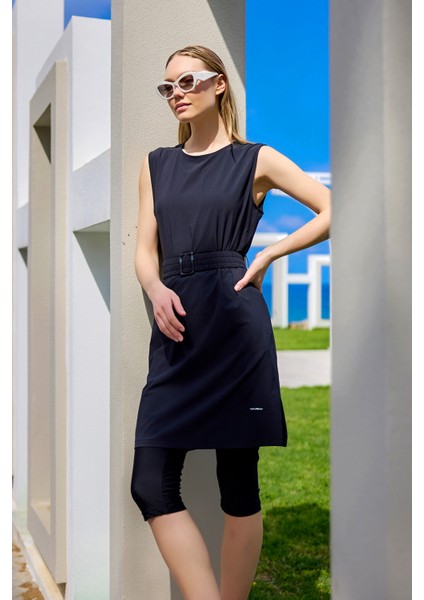 Siyah Yarı Kapalı Mayo Kemer Detayı, Gizli Fermuar, UPF50+ Koruma H2508