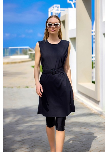 Siyah Yarı Kapalı Mayo Kemer Detayı, Gizli Fermuar, UPF50+ Koruma H2508 fiyatları