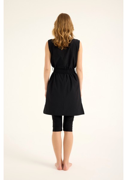 Siyah Yarı Kapalı Mayo Kemer Detayı, Gizli Fermuar, UPF50+ Koruma H2508