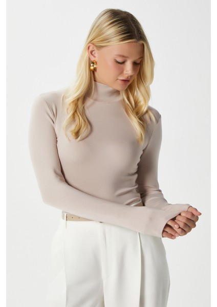 Kadın Feel Lux Touch Dik Yaka Bej Uzun Kol Soft Bluz fiyatları