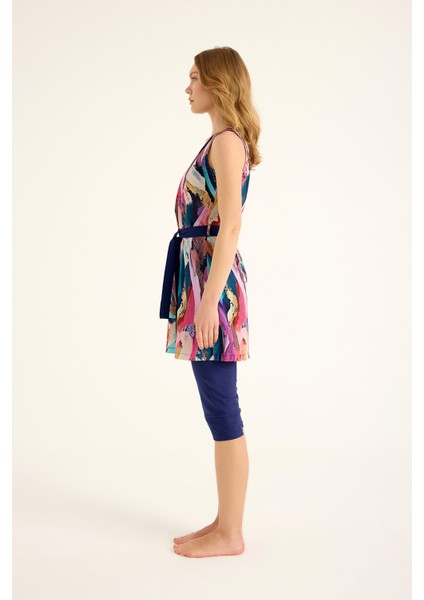 Siyah Yarı Kapalı Mayo Kuşak Detayı, Su Itici Kumaş, UPF50+ Koruma H2504