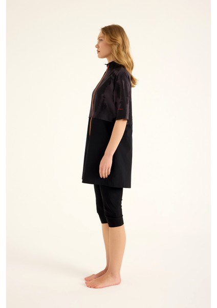 Siyah Yarı Kapalı Mayo Hakim Yaka, Su Itici Kumaş, UPF50+ Koruma H2501