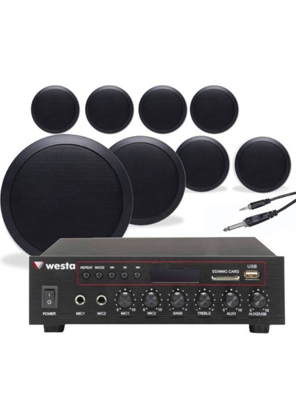 8’li Siyah Tavan Hoparlorlu 100V Ses Sistemi Paketi | Kafe, Mağaza ve Ofis Müzik Sistemi