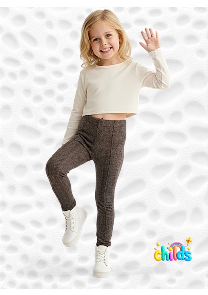 Kız Çocuk Nervür Kahve Dikişli Jakarlı Örme Kumaş Okul Kışlık Pantolon Tayt modelleri