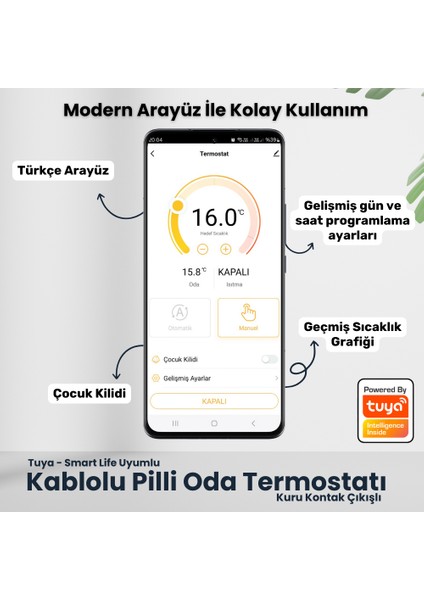 Wifi Pilli Kablolu Oda Termostatı ( Tuya, Smart Life Uyumlu ) modelleri