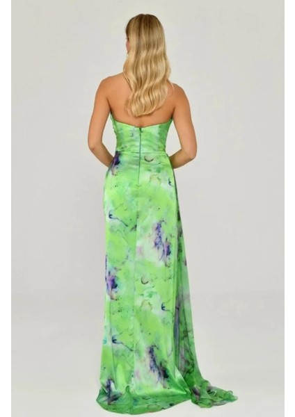 Kayık Yaka Yırtmaçlı Desenli Saten Elbise fiyatları