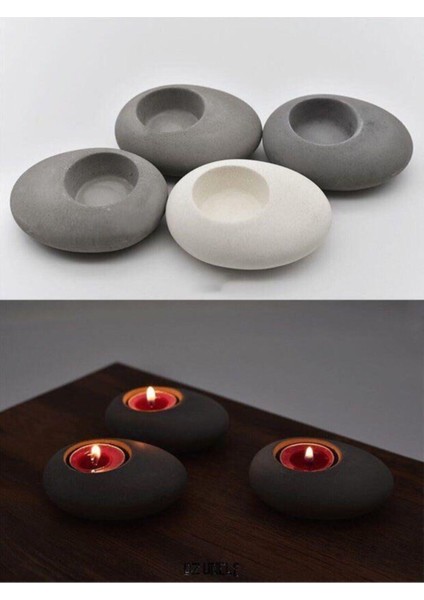 7 Adet Beton Taş Görünümlü Mumluk Seti, Siyah, Gri, Beyaz, Modern ve Zarif Tasarım