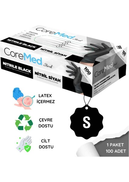 Coremed Nitril Siyah Eldiven S Beden – Gıda ve Medikal Uyumlu, 100’LÜ