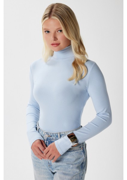 Kadın Feel Lux Touch Dik Yaka Mavi Uzun Kol Soft Bluz