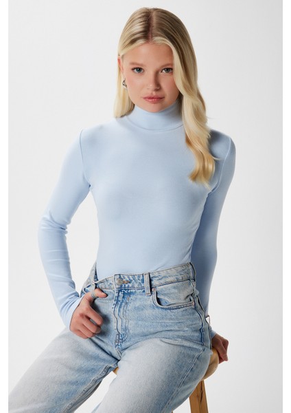 Kadın Feel Lux Touch Dik Yaka Mavi Uzun Kol Soft Bluz fiyatları