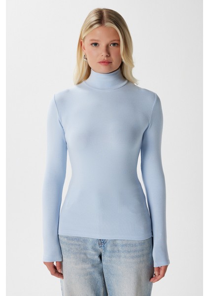 Kadın Feel Lux Touch Dik Yaka Mavi Uzun Kol Soft Bluz fırsatları
