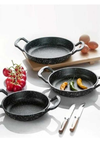 3’lü Siyah Tasarım Döküm Sahan Seti – Granit Kaplama, Yanmaz Yapışmaz