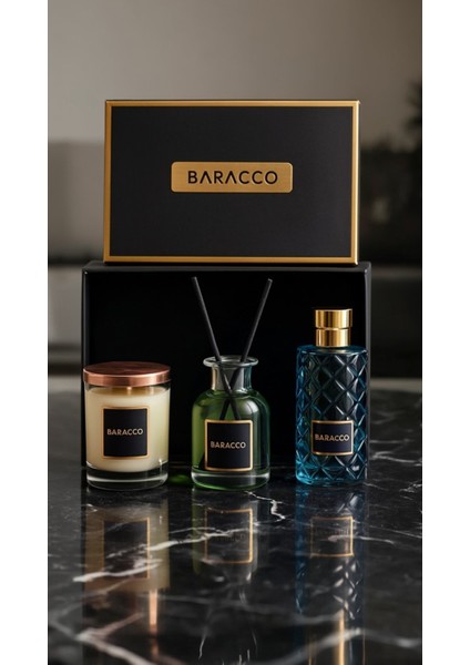 Şık 3’lü Koku Seti – Erkek Parfüm, Oda Kokusu ve Kokulu Mum