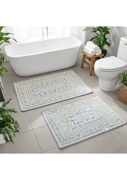 Vintage Mavi Beyaz Işlemeli %100 Vegan 2'li Klozet Takımı – Şık Banyo Paspas Seti, 60X90 & 50X60 cm