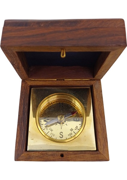 Pusula Pirinç Gövdeli Ahşap Kutulu Küçük Dekoratif Masa Üstü Obje
