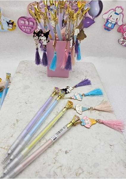 2 Adet Sanrio Kawaii Figürlü Püsküllü Uçlu Kalem 0,7 Rengarenk Sevimli Püsküllü Elmaslı Kalem modelleri