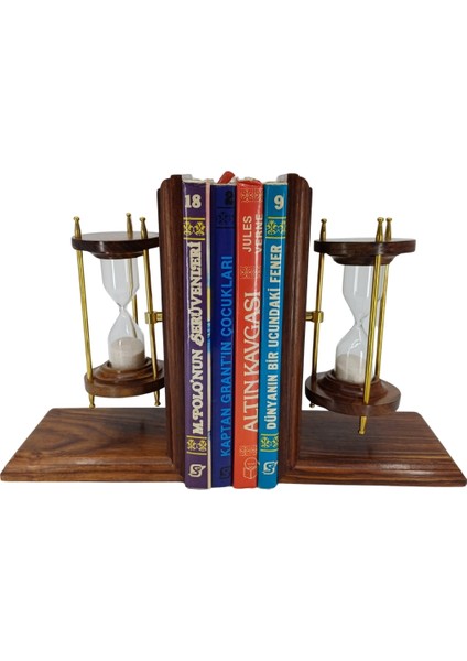 Pirinç Detaylı Ahşap Kum Saati Kitap Tutucu Retro Dekoratif Obje (2'li)