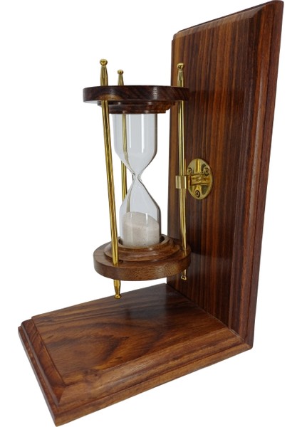 Pirinç Detaylı Ahşap Kum Saati Kitap Tutucu Retro Dekoratif Obje (2'li) modelleri