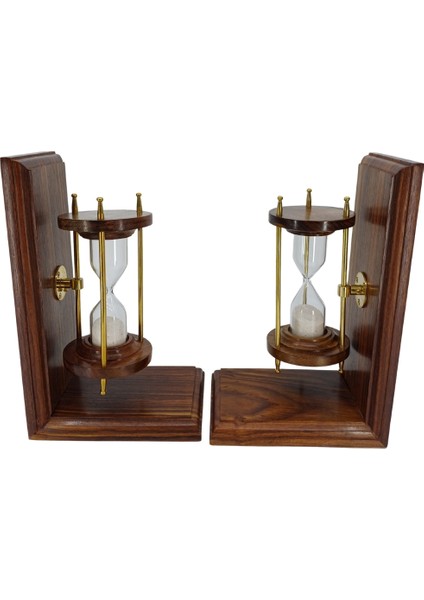 Pirinç Detaylı Ahşap Kum Saati Kitap Tutucu Retro Dekoratif Obje (2'li) fırsatları
