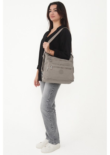 Çok Cepli Ayarlanabilir Çapraz Askılı Kadın Omuz ve Sırt Çantası Büyük Boy Günlük HV3050 Vizon