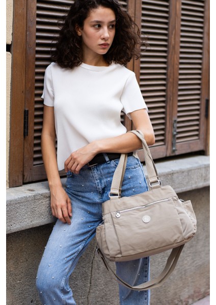 Çok Cepli Kadın Omuz Çantası Orta Boy Günlük HV7001 Vizon indirimleri