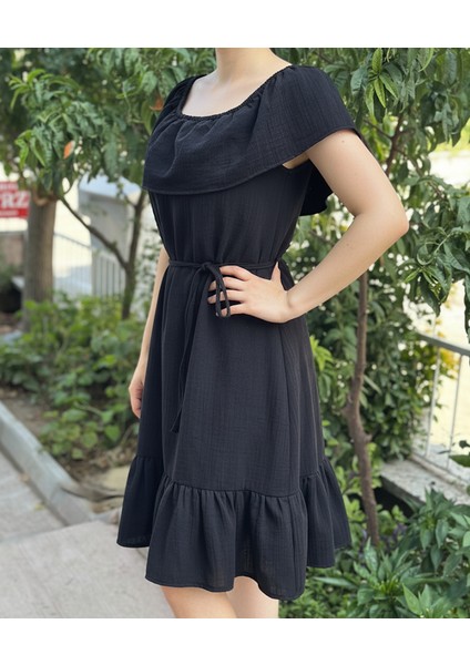 Kadın Müslin Kumaş Fırfırlı Siyah Elbise modelleri