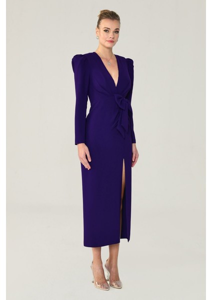 V Yaka Uzun Kollu Yırtmaçlı Uzun Elbise fiyatları