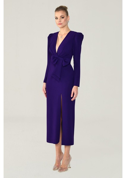 V Yaka Uzun Kollu Yırtmaçlı Uzun Elbise fırsatları