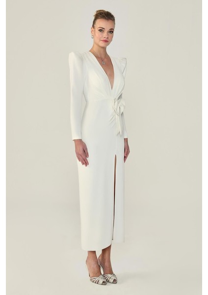 V Yaka Uzun Kollu Yırtmaçlı Uzun Elbise fiyatları