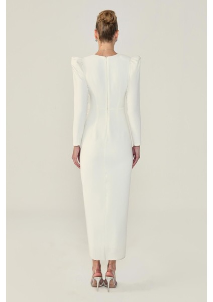 V Yaka Uzun Kollu Yırtmaçlı Uzun Elbise