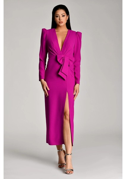 V Yaka Uzun Kollu Yırtmaçlı Uzun Elbise fiyatları