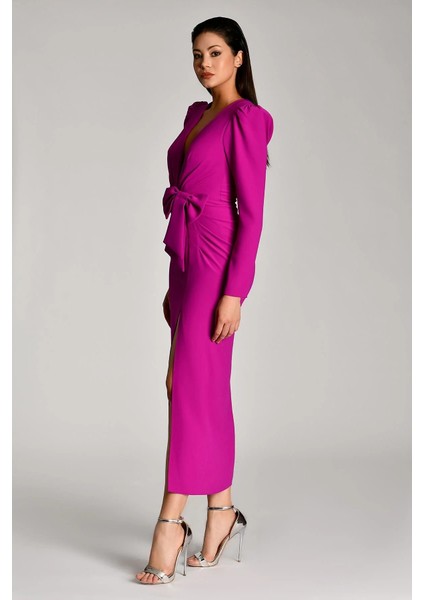 V Yaka Uzun Kollu Yırtmaçlı Uzun Elbise modelleri