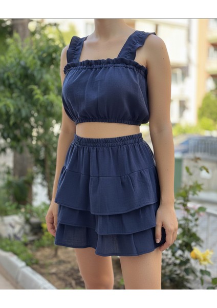 2 Kat Müslin Yazlık Lacivert Etek ve Crop Takımı modelleri