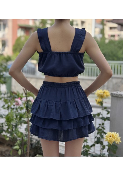 2 Kat Müslin Yazlık Lacivert Etek ve Crop Takımı fırsatları