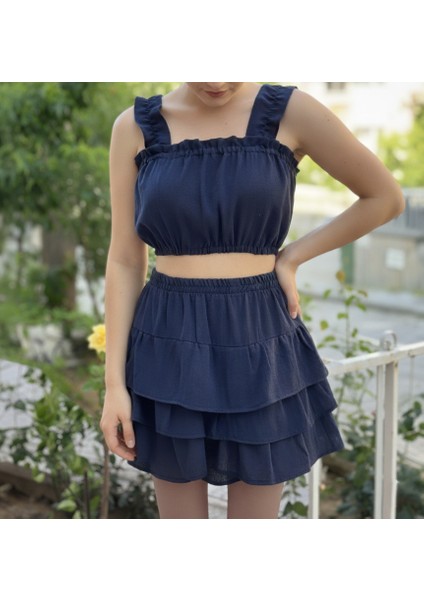 2 Kat Müslin Yazlık Lacivert Etek ve Crop Takımı indirimleri