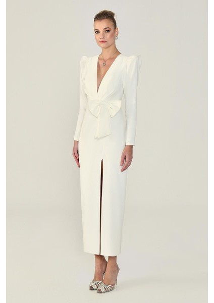 V Yaka Uzun Kollu Yırtmaçlı Uzun Elbise