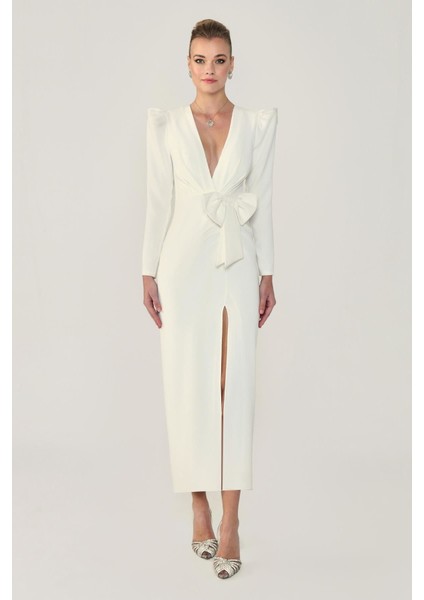 V Yaka Uzun Kollu Yırtmaçlı Uzun Elbise modelleri