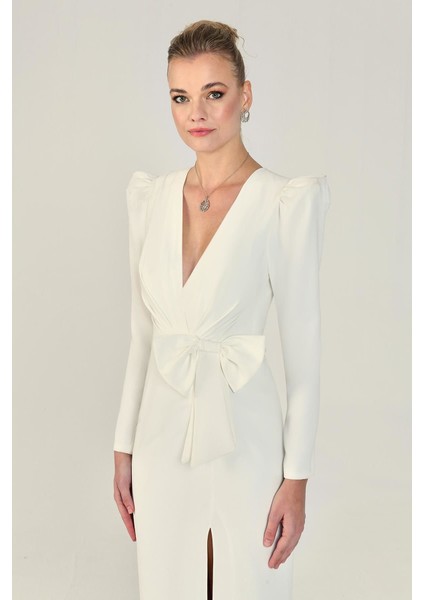 V Yaka Uzun Kollu Yırtmaçlı Uzun Elbise fırsatları