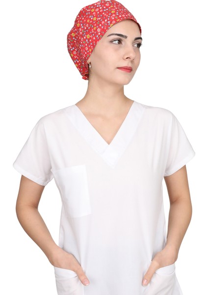 Kırmızı Mini Çiçek Desenli Doktor Hemşire Aşçı Bonesi Unisex Cerrahi Bone