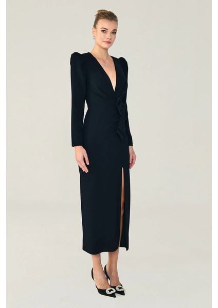 V Yaka Uzun Kollu Yırtmaçlı Uzun Elbise fiyatları