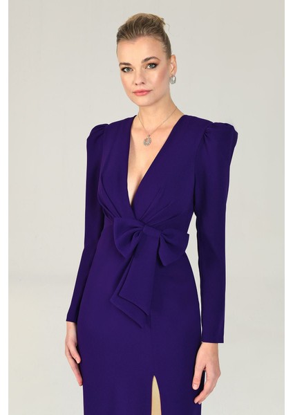 V Yaka Uzun Kollu Yırtmaçlı Uzun Elbise modelleri