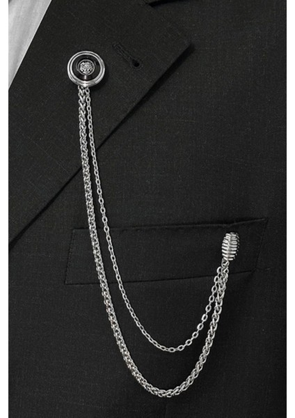 Gümüş Renk Siyah Desenli Ceket & Damatlık & Blazer Zincirli Yaka Aksesuarı